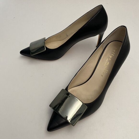 Bettye Muller Pump Black Leather Point Toe Slim 2.5" Heel Green Plate 6.5 - Picture 7 of 11